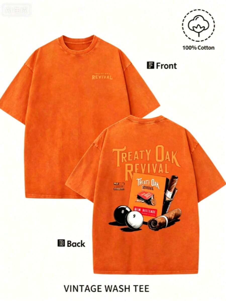Men'S Bold "TREATY OAK REVIVAL" Print T-Shirt, Casual Round Neck Short Sleeve, 230g Washed Cotton, Summer High Quality Casual Sportswear, - 橘色 - 查看 1