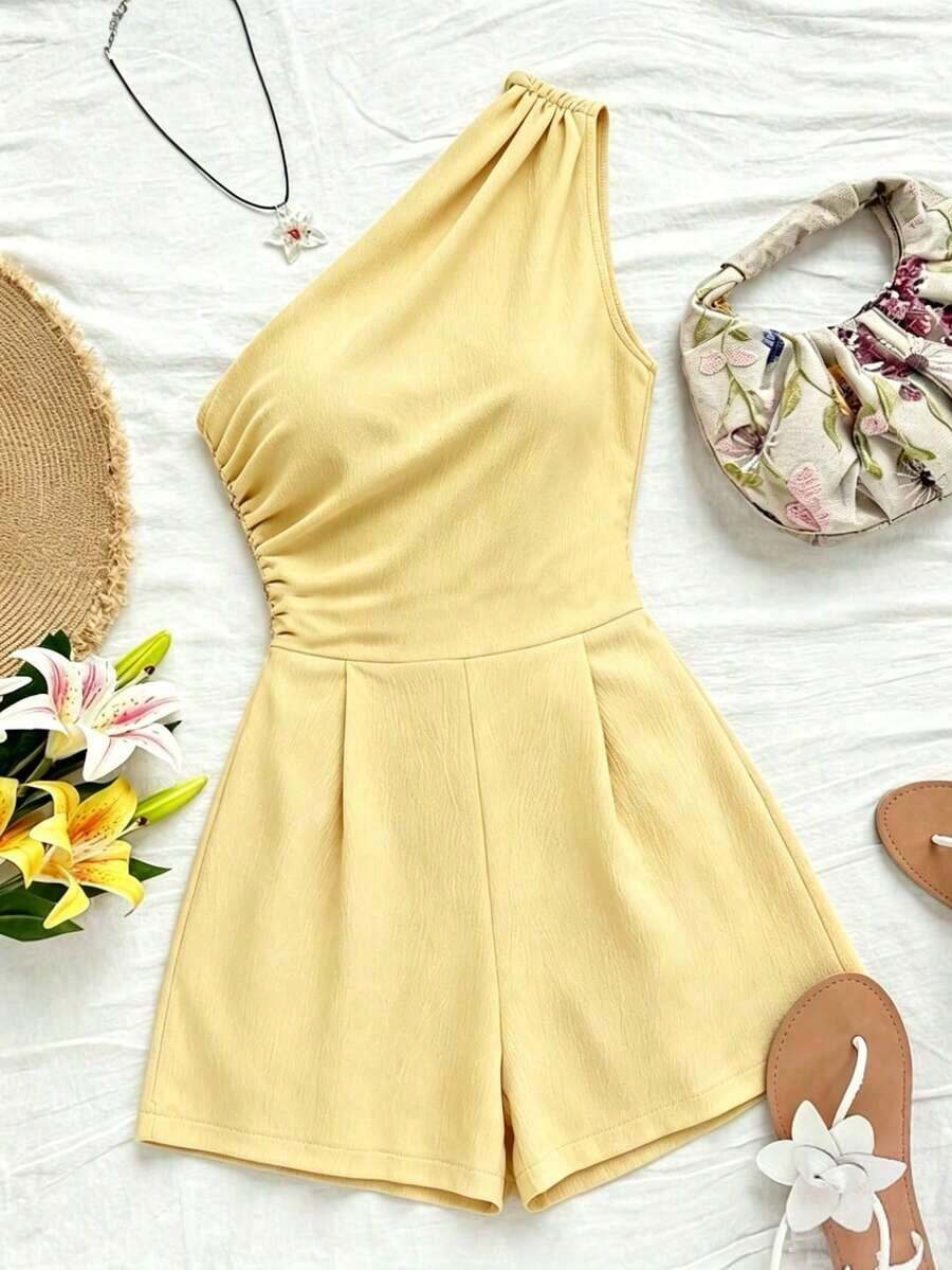 Beige Sleeveless Casual Jumpsuit With Pockets, Suitable For Summer Vacations, Weddings, Outings And Other Occasions, Minimalist Solid Color Casual Jumpsuit For Women - 黃色 - 查看 1