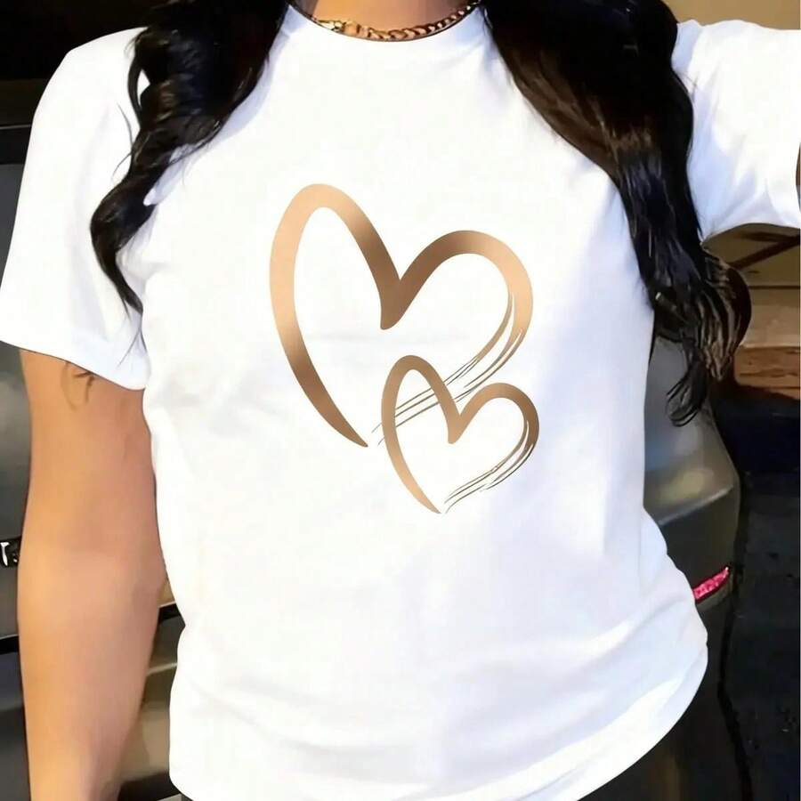 Camiseta de manga corta para mujer, blusa bonita de mujer con estampado de corazón abstracto, negra , estampado de corazón de alta calidad, cuello redondo, corte básico holgado, ideal para un look casual diario - Blanco - Ver 1