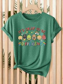 Women's T-Shirt With Crayon Print "Different Is Good", Spring/Summer 2026 Style, Short Sleeve, Loose Fit Casual Clothing, Versatile Fashion Design With Diverse And Inclusive Theme, Women's Clothing Sizes S-XXL - 綠色 - 查看 6