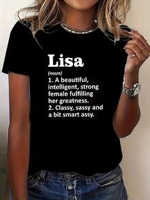 Women's T-shirt Camiseta Casual de Manga Corta para Mujer - Estampado con la Letra "Lisa" en Negrita, Cuello Redondo, Corte Regular, Adecuada para Todas las Temporadas, Top Cómodo para Uso Diario, Diseño Divertido con Texto, Tela Suave, Lavable a Máquina. - Negro - Ver 7