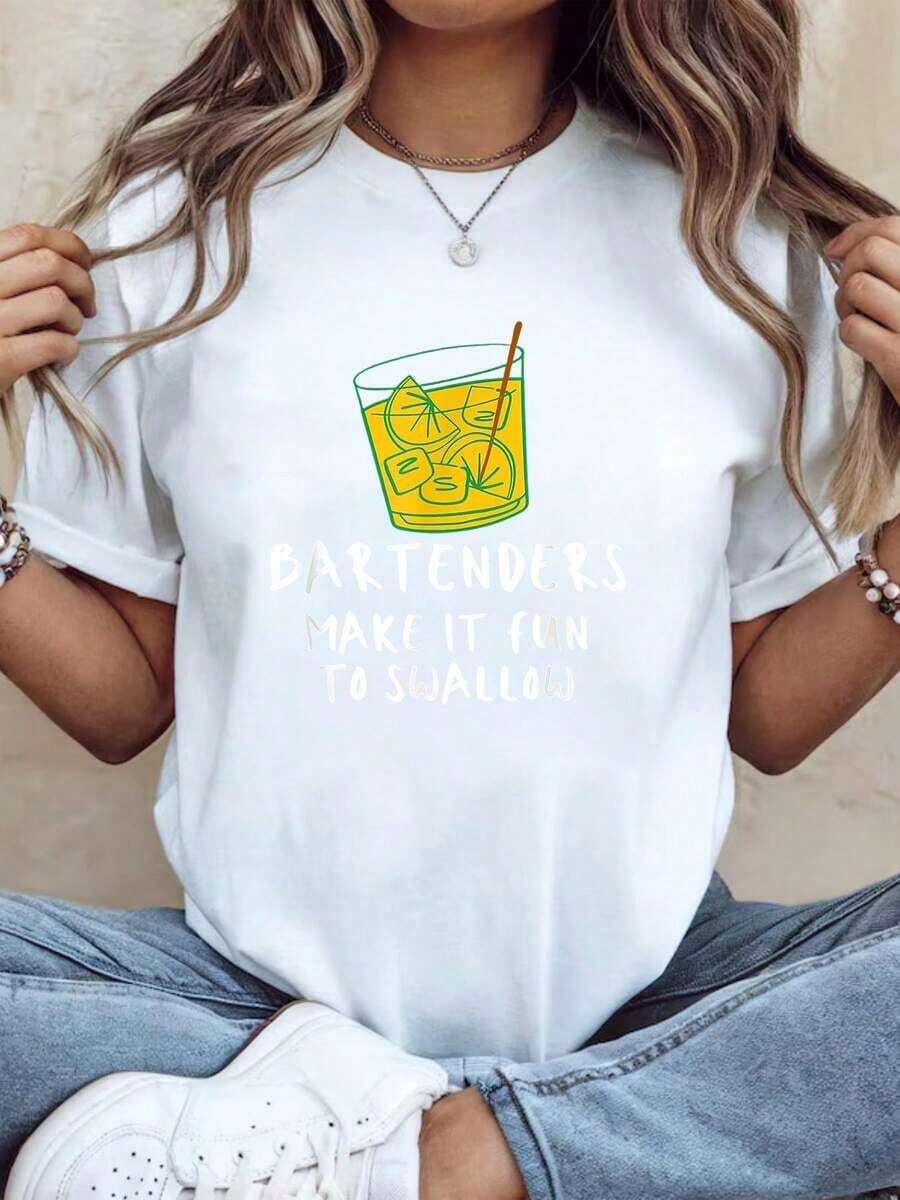 Camiseta de Algodón Estilo Vintage con Estampado de Eslóganes de Lisboa, Camiseta con Estampado Gráfico de Cocteles para Bares, Divertida de Tragar, Manga Corta Casual para Mujer, Atuendo para Fiesta en el Bar, Regalo para Amantes de las Bebidas, 220g, para Uso Diario en Verano - Blanco - Ver 1