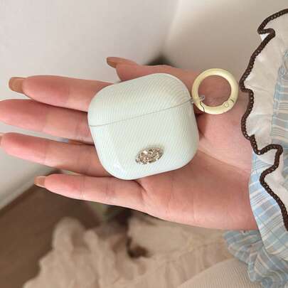 韩版浅蓝色条纹金属吊牌挂环耳机套，适用于第四代，可爱耳机套，也适用于Apple 2/3/Pro 2/3，春夏耳机套，生日/节日礼物