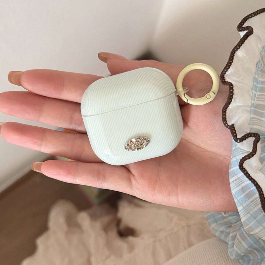 韩版浅蓝色条纹金属吊牌挂环耳机套，适用于第四代，可爱耳机套，也适用于Apple 2/3/Pro 2/3，春夏耳机套，生日/节日礼物