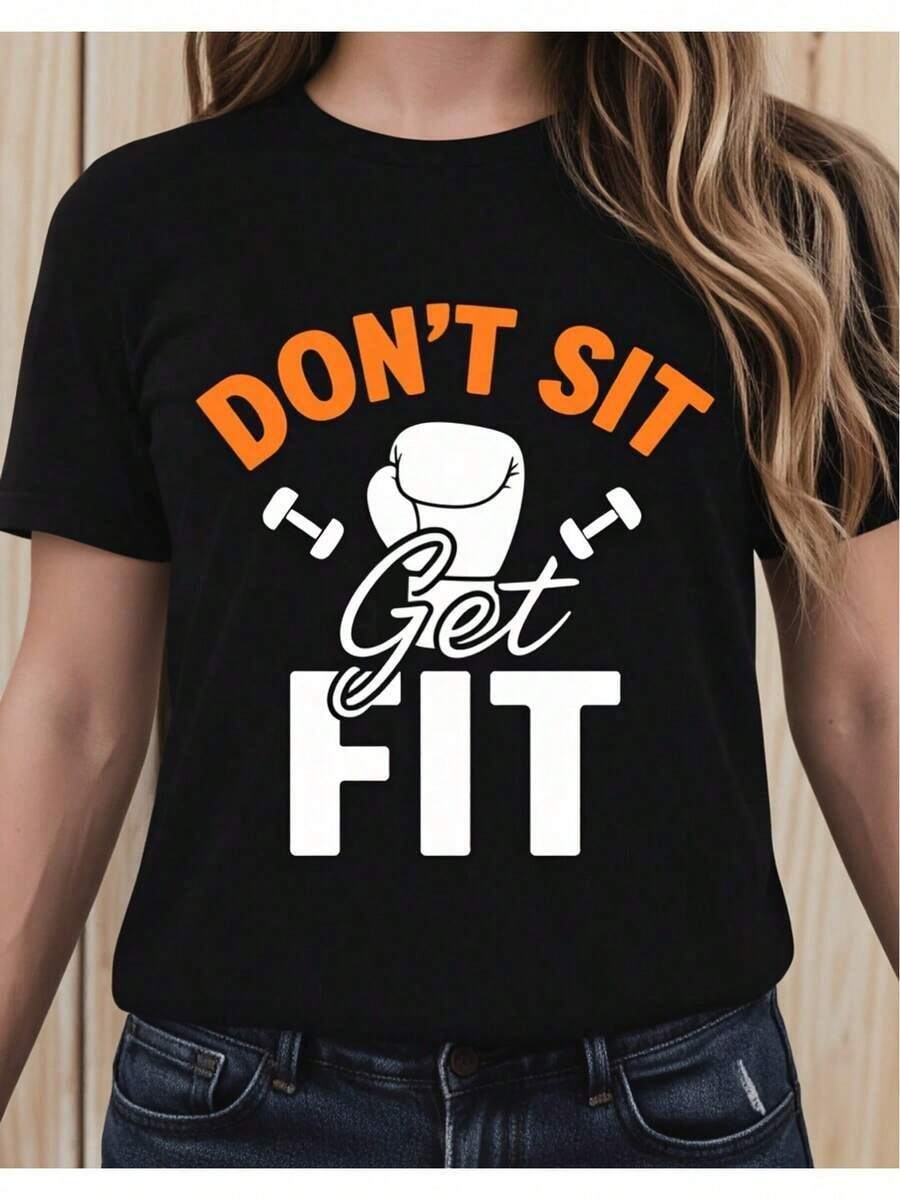 ComfortableCamiseta de Motivación para Mujer Fitness, Estilo Casual para Gimnasio, Estilo de Vida Activo, Look Deportivo, Blusas bonitas 2D para mujer, Camiseta de Mujer, Diseño Casual Holgado, Holgado Ligeramente ExtendidoFashion All-match Women's Short Sleeve T-shirt, Basic Style for Inner & Outer Wear - Negro - Ver 1