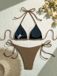 Summer Women's Fashion Sexy Coffee Color Rhinestone Halter Tie Bikini Top + Side Tie Bottoms 2-Piece Swimwear, Suitable For Vacation, Swimming, Beach, Cruise And Other Occasions - Coffee Brown - View 6