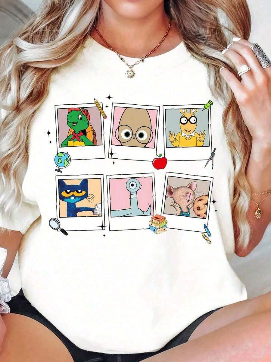 Playeras de mujer de algodón con estampado de personaje de dibujos animados P-Olaroid, camiseta negra para mujer, top casual de verano con diseño de animación divertido y detalles coloridos. - Blanco - Ver 1