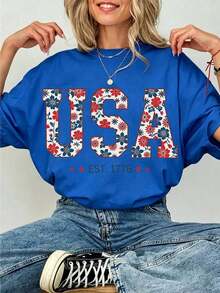 Camiseta de algodón 100% para mujer con estampado floral vintage de EE. UU., camiseta retro patriótica EST 1776, atuendo estético Y2K para el verano, ropa casual para el 4 de julio, top suave y transpirable, regalo ideal para ella. - Azul - Ver 6
