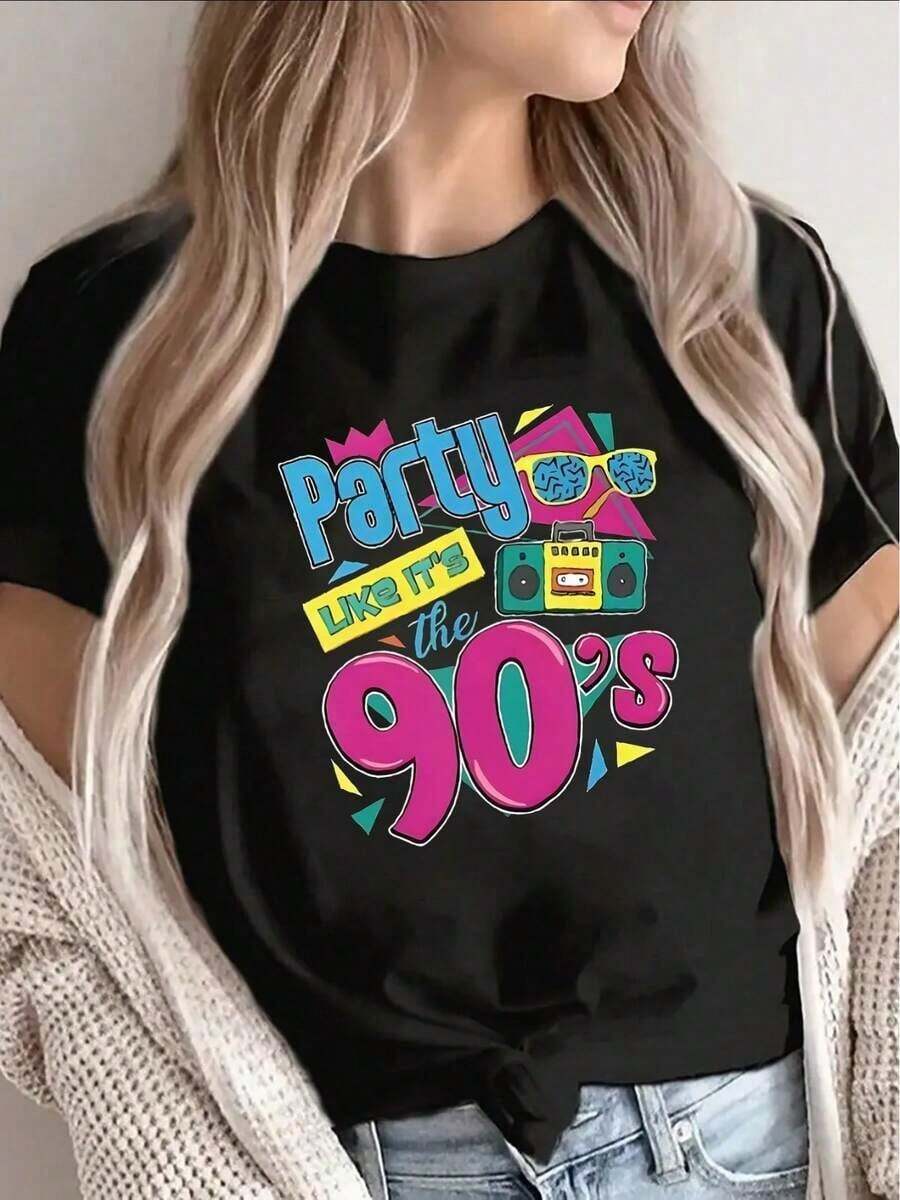 Women's Cotton T-Shirts. Short-Sleeved Polyester T-Shirt With A Retro 90s Design For Casual Wear At Home, Parties, Or Restaurants. Lightweight And Durable, Comfortable Fit For Adults. >Clothing - 黑色 - 查看 1