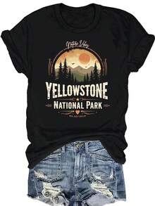Women's T-shirt Top de manga corta para mujer con estampado de paisaje y cuello redondo ajustado. - Negro - Ver 7