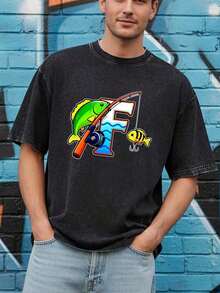 % algodón, 230g de peso, camiseta unisex de estilo vintage, con diseño temático de pesca que muestra peces y cañas de pescar, adecuada para todas las estaciones. Estilo neutro, urbano, versátil y estilizador, estilo callejero, diseño único. - Negro - Ver 8