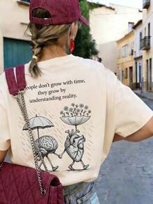 1 pieza de camiseta de verano para mujer, de cuello redondo y manga corta, con estampado de estilo vacacional, corte holgado informal, cómoda, adecuada para usar en verano, en la playa, en la calle, en actividades diarias, en el trabajo, reuniones de oficina, etc. - Albaricoque - Ver 3