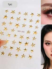 1pc Gold Star Face Sticker, Glitter Star Sticker For Stage Makeup, Self-Adhesive Rhinestone Eye Makeup Decor, Suitable For Music Festival, Party Performance, Nail Art, Easy To Apply And Create Transparent Atmosphere - Multicolor - View 3