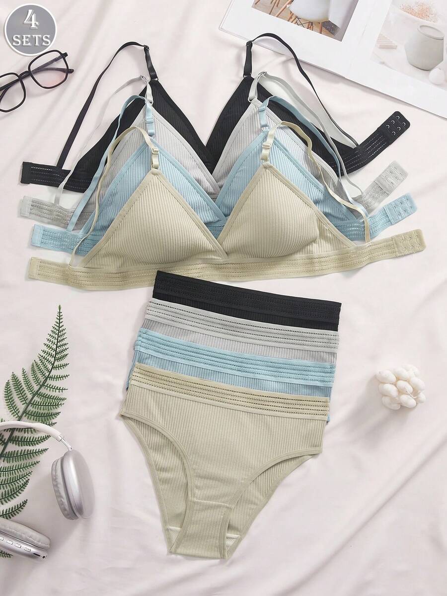 4 Sets Solid Color Ribbed Minimalist Wireless Breathable Sports Bra And Panty Set For Women - Multicolor - View 1