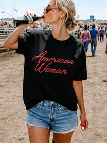 Camiseta de Mujer Estilo Americano, Camiseta 250 Años de Libertad, Ropa God Bless America, Camiseta Viral de Vaquera, Atuendo Estético de Club de Rodeo para Pinterest, Camiseta Clásica de Algodón Grueso de Manga Corta Oversize con Estampado Gráfico, Camiseta Casual de Manga Corta para Mujer - Negro - Ver 1