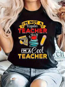 Camiseta casual para mujer - "No soy un profesor regular, soy un profesor cool" Gr£fico, negro con ilustraciones coloridas, manga corta, cuello redondo, tejido cmodo, perfecto para todas las estaciones, ropa casual | Diseo juguetn | Tejido el£stico - Negro - Ver 2
