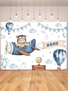 Customizable Pilot Bear Theme Banner Background, Blue Flag Paper Plane Star Globe Hot Air Balloon Decor Design, Suitable For Baby Shower, Birthday Party Backdrop, Photography Props, Vinyl - Blue - View 3