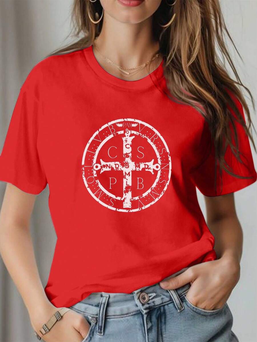 Camiseta Estampada de Algodón Puro para Mujer de St. Benedict's, Blusa Casual de Manga Corta Cómoda y Versátil para Mujer - Rojo - Ver 1