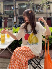 Women's Y2K Graphic T-Shirt - Meteor Shower Print, Bananas And Apples, Short Sleeve Summer Casual T-Shirt, Colorful White Lettering, Loose Fit Crew Neck, Casual Wear, Y2K Style Top, Comfortable Fit, Banana Print T-Shirt, Women's T-Shirts - 白色 - 查看 3