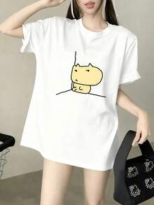 Camiseta de manga corta con hombros caídos y estampado de  GumiMi, divertida camiseta coreana con estampado de patito amarillo, estilo casual y dulce para chicas, básica y versátil para estudiantes, blusas para mujer. - Blanco - Ver 7