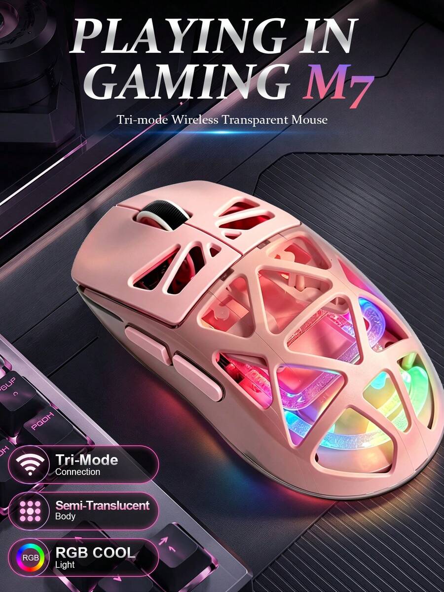 Pink M7 3-Mode Wireless Gaming Mouse - Transparent Hollow Shell, RGB LED Lighting, 3600 DPI Adjustable, Type-C Charging, Lightweight Ergonomic Design For PC Laptop Gamers And Office Use - View 1