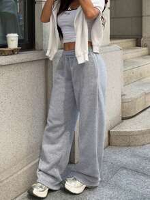 Sulojter Casual Loose Solid Color Elastic Waist Sweatpants - Grey - View 3