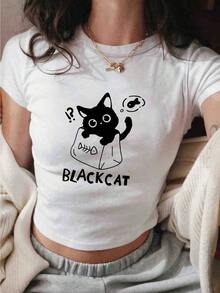 Camiseta de mujer con estampado de gato negro, cuello redondo regular, estampado de fantasía casual ligero y blanco para primavera/verano, camiseta corta de manga corta con cuello redondo y corte ajustado estilo Y2K para mujer, camisa elegante adecuada para fiestas. - Blanco - Ver 1