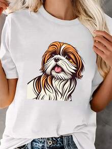 Camisetas de moda de algodón de talla grande para mujer 2026, camiseta de cuello redondo con estampado de cachorro, camiseta casual de manga corta para primavera/verano, top de manga corta cómodo y suave para uso diario de mujer. - Blanco - Ver 7