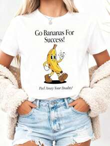 1 pieza de camiseta gráfica divertida con diseño de plátano para mujer - "Vamos a la fruta para el éxito" y "Elimina tus dudas" - Camiseta casual de manga larga con cuello redondo - Tela suave y elástica - Para todas las estaciones - 180g Algodón 100% - Negro 1 - Ver 10