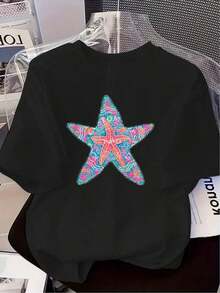 Women's 100% Cotton Short-Sleeved T-Shirt - Nautical Style With Starfish Print, Round Neck, Soft And Stretchy, Casual Summer Beachwear, Suitable For Spring And Autumn (Starfish Pattern, Not Printed On The Fabric). Ideal For Vacations And Casual Wear - Machine Washable, Stretchy Fit, Breathable Cotton T-Shirt. - 黑色 - 查看 5