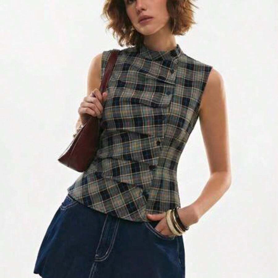 Chaleco casual de mujer de un solo pecho con pliegues a cuadros - Agua verde azul - Ver 1