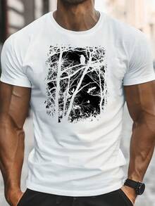 Camiseta gótica vintage para hombre con diseño de cuervo y árbol - Estampado de contraste oscuro, transpirable, cuello redondo, manga corta, corte regular, top casual de verano, camisa elegante lavable a máquina - Blanco - Ver 1