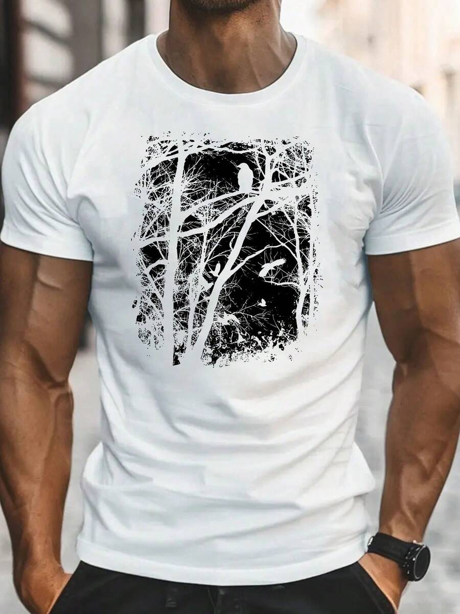 Camiseta gótica vintage para hombre con diseño de cuervo y árbol - Estampado de contraste oscuro, transpirable, cuello redondo, manga corta, corte regular, top casual de verano, camisa elegante lavable a máquina - Blanco - Ver 1