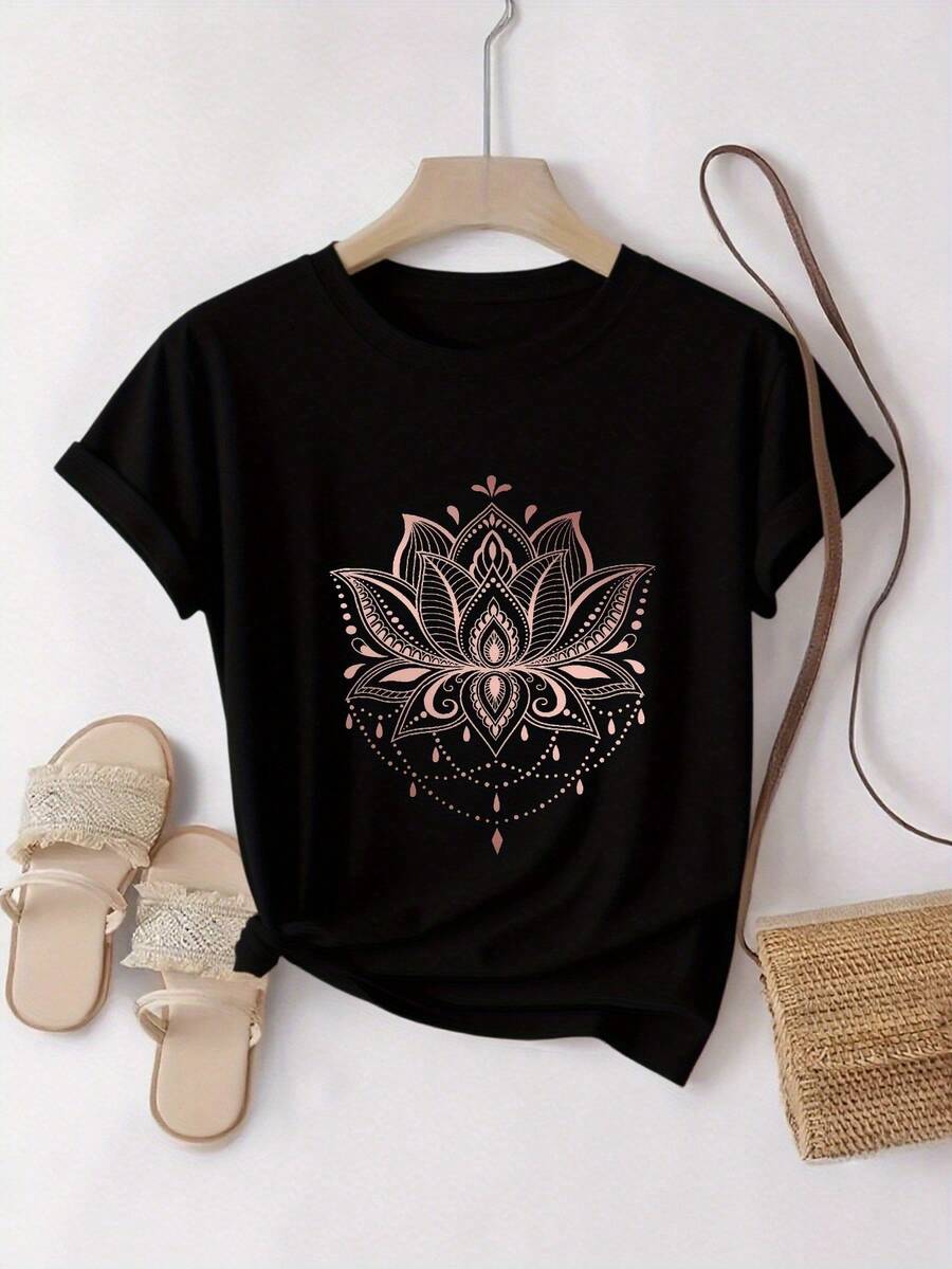 ¡Oferta por tiempo limitado, unidades limitadas,  relámpago! Camisas casuales para mujer, camisetas de poliéster para mujer, camisas elegantes. Camiseta de manga corta para mujer - Estampado de mandala de loto azul verdoso y marrón, corte holgado, 100% informal, cuello redondo, estilo bohemio casual, estampado de loto (regalo para mujer) - Negro - Ver 1