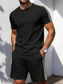 Conjunto deportivo informal ligero negro para hombres, camiseta de manga corta a rayas negras y blancas + pantalones cortos, conjunto de 2 piezas, verano - Negro - Ver 2