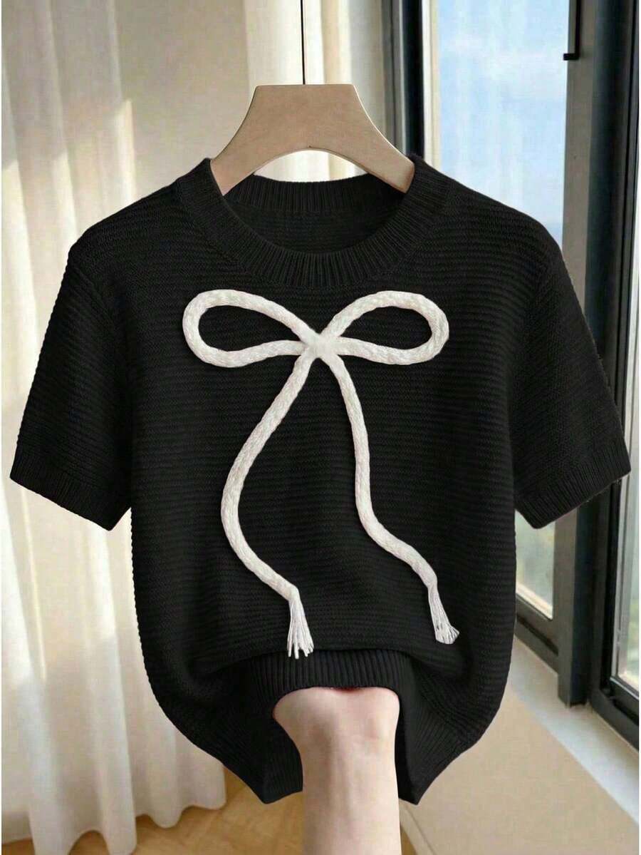 2026Franclia Nuevo suéter de punto casual con lazo dulce y lindo en color rosa para mujer, blusa de lazo rosa bebé de manga corta para primavera/verano, blusas de punto con lazo lindas para mujer - Negro - Ver 1