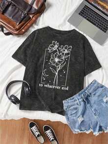 Camiseta de manga corta con estampado de trono de cristal en lavado vintage para tallas grandes.Un artículo imprescindible para mujeres en primavera y verano, adecuado para reuniones casuales y un regalo ideal para ella.100% algodón - Negro - Ver 7