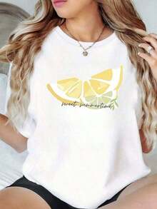 CasualBasic 1 pieza Camiseta con estampado gráfico de rodaja de limón para mujer, estilo casual de verano, 100% algodón, cuello redondo, corte holgado. Camiseta cómoda para uso diario, ropa de algodón para mujer. - Blanco - Ver 7