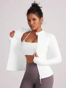 2026 VUTRU Women's Slim Fit Sports Jacket With Thumbholes And High Collar, Spring - 白色的 - 查看 3