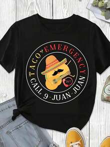 Camiseta Vintage de Algodón con Estampado "Cinco De Mayo Taco Emergency Call 9 Juan", Negra, Ropa Casual de Verano para Uso Diario - Negro - Ver 3