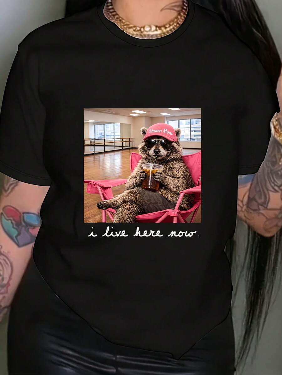 Camiseta de Mujer - Camiseta de Mujer con Estampado de Mamá Guadalupe Bailarina - Bonita camiseta de manga corta con cuello redondo y estampado de temática de mapache y baile, adecuada para uso casual en primavera y verano por madres bailarinas, lavable a máquina. - Negro - Ver 1