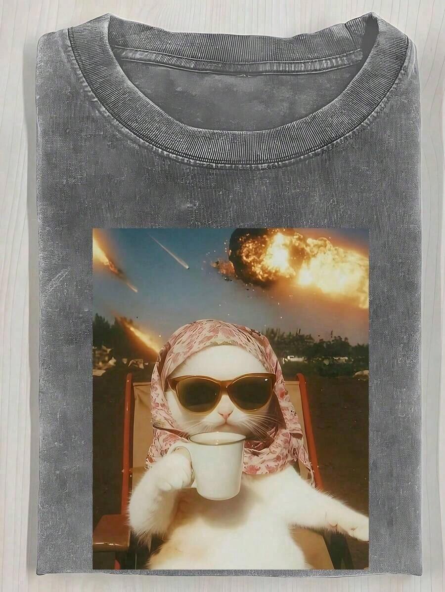 Camiseta de 230g con estampado de gato para té de la tarde, estilo casual, de algodón de alta calidad con estampado de cera, marca de moda retro, unisex para hombres y mujeres. - Gris - Ver 1