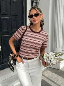 Camiseta de mujer de manga corta, cuello redondo, holgada y minimalista casual, camiseta a rayas, ropa de verano para mujer - Multicolor 2 - Ver 4