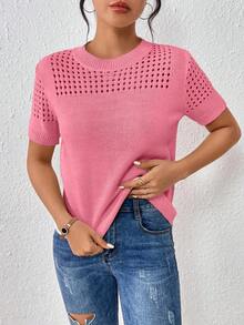 Top de punto de cuello redondo de unicolor con mangas cortas para verano, como ropa para Año Nuevo - Rosa - Ver 5