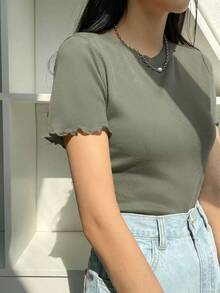 Blusa de punto acanalado con ribete de lechuga, estilo preppy de verano - Verde - Ver 6