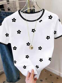 Camiseta casual de mujer de cuello redondo y manga corta con estampado de letras y lunares - Multicolor 15 - Ver 3
