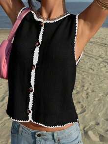 Blusa de punto sin mangas con ribete de bloques de color para vacaciones en la playa de mujer - Negro - Ver 3