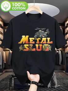 Camiseta Gráfica Retro de Metal Slug para Hombre - Negra, 100% Algodón con Arte Vibrante de Personajes y Estampado de Logotipo Icónico, Cuello Redondo Casual, Manga Corta, Ajuste Cómodo para Todas las Temporadas, Ideal para Eventos de Juego y Atuendo Casual (Lavable a Máquina) - Negro - Ver 1