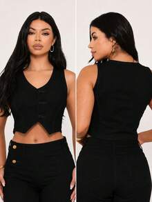 Denim Blazer Vest With Tank Top And Lycra - Hitam - View 2