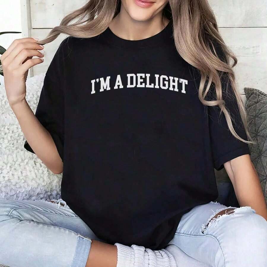 Camiseta I'A Delight, Camiseta I'Delightful, Camiseta Inspiradora, Camisetas de Mujer con Estampado Gráfico de Frases Motivadoras, Camiseta Cómoda con Frases Divertidas, Regalos para Chicas, Camisetas de Mujer, Ropa de Mujer, Tejido de Algodón, Corte Relajado, Estilo Chic - Camiseta de Manga Corta Lavada, Estilo Retro, Casual, Inspirada en el Vintage, para la Calle. - Negro - Ver 1